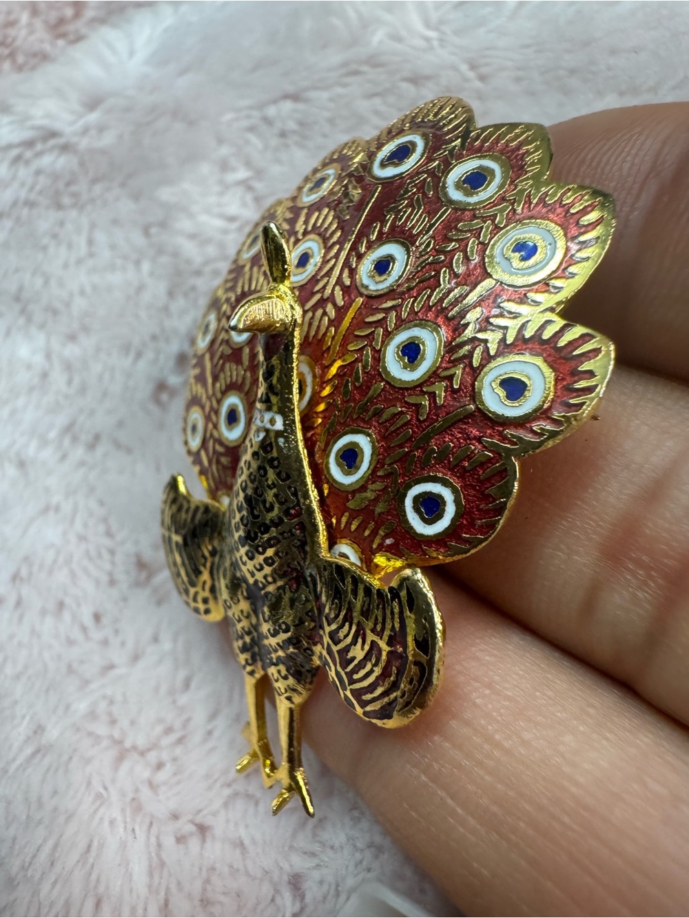 Gold Peacock Enamel Pin Brooch - Red and Blue Feather Detail